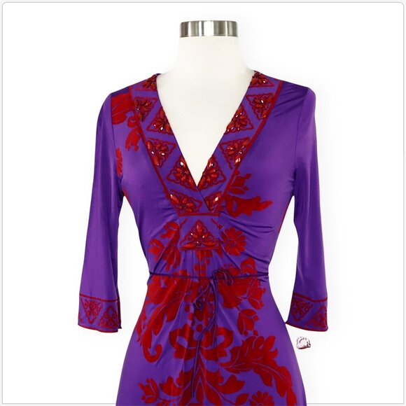 Hale Bob Purple Red Floral Scroll Stretch Jersey Dress 3/4 Sleeves New NWOT XS - Picture 2 of 4